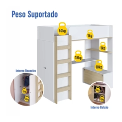Cama Solteiro Completa Móveis Elevada BI030BCCA Branco/Carvalho SE