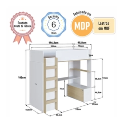 Cama Solteiro Completa Móveis Elevada BI030BCCA Branco/Carvalho SE