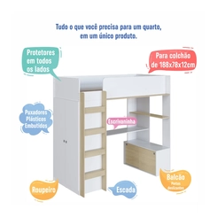 Cama Solteiro Completa Móveis Elevada BI030BCCA Branco/Carvalho SE