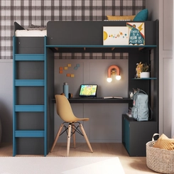 Cama Solteiro Completa Móveis Elevada BI030GFAS Grafite/Azul SE