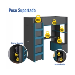 Cama Solteiro Completa Móveis Elevada BI030GFAS Grafite/Azul SE