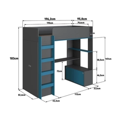 Cama Solteiro Completa Móveis Elevada BI030GFAS Grafite/Azul SE