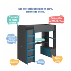 Cama Solteiro Completa Móveis Elevada BI030GFAS Grafite/Azul SE