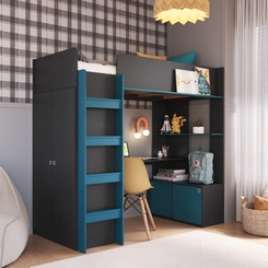 Cama Solteiro Completa Móveis Elevada BI030GFAS Grafite/Azul SE