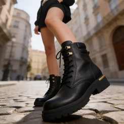 Bota Coturno Beira Rio Preta com Detalhes Dourados