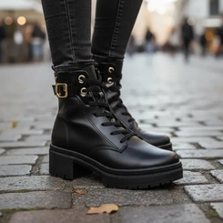 Bota Coturno Feminina Mississipi J0821 Preta com Fivela Dourada