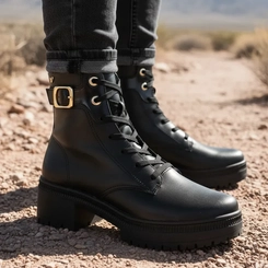 Bota Coturno Feminina Mississipi J0821 Preta com Fivela Dourada