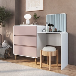 Cômoda Penteadeira com Espelho 3 Gavetas Completa Móveis CV005 Branco/Rosa SE