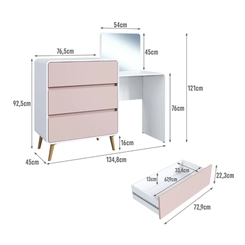 Cômoda Penteadeira com Espelho 3 Gavetas Completa Móveis CV005 Branco/Rosa SE