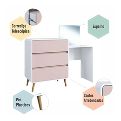 Cômoda Penteadeira com Espelho 3 Gavetas Completa Móveis CV005 Branco/Rosa SE
