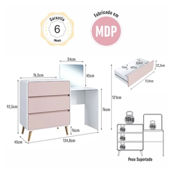 Cômoda Penteadeira com Espelho 3 Gavetas Completa Móveis CV005 Branco/Rosa SE