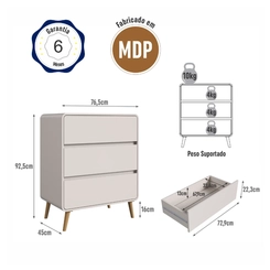 Cômoda 3 Gavetas Completa Móveis CV003 Bege Dunas SE