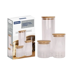 Conjunto 3 Potes de Vidro com Tampa de Bambu Fratelli