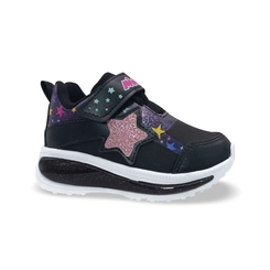 Tênis Infantil Menina Mini Pé Preto com Glitter e Estrelas