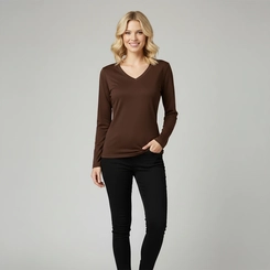 Blusa Feminina Casual Free Manga Longa Gola V Marrom