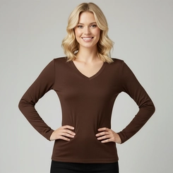 Blusa Feminina Casual Free Manga Longa Gola V Marrom