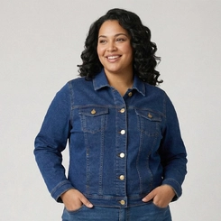 Jaqueta Jeans Plus Size Feminina New Free Manga Longa com Detalhes