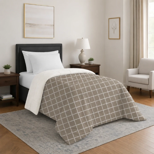 Edredom Sherpa Solteiro 160x220cm Bett Estampado Quadrados Bege