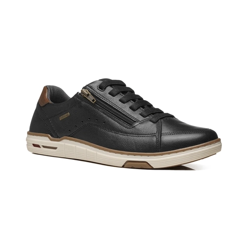Sapatênis Masculino em Couro Pegada 113502-05 Preto com Detalhes em Marrom