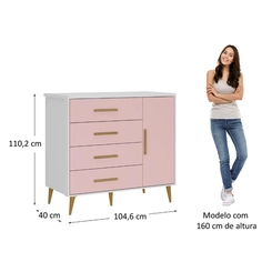 Cômoda 4 Gavetas 1 Porta Rodial Kids 65CO1480 Branco/Rosa SE