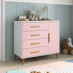 Cômoda 4 Gavetas 1 Porta Rodial Kids 65CO1480 Branco/Rosa SE