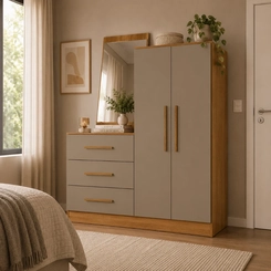 Cômoda com Espelho 3 Gavetas 2 Portas Rodial Dunas 55CO2326-E Cinamomo/Capuccino SE