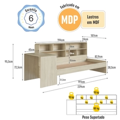 Cama Infantil Montessoriana com Escrivaninha e Estante Completa Móveis CV031 Carvalho Aragauaia SE