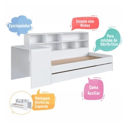 Cama Infantil Montessoriana com Escrivaninha Estante e Cama Auxiliar Completa Móveis CV032 Branco SE