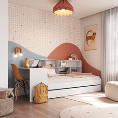 Cama Infantil Montessoriana com Escrivaninha Estante e Cama Auxiliar Completa Móveis CV032 Branco SE