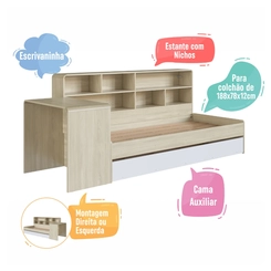 Cama Infantil com Escrivaninha Estante e Cama Auxiliar Completa Móveis CV032 Carvalho Araguaia/Branco SE