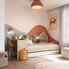 Cama Infantil com Escrivaninha Estante e Cama Auxiliar Completa Móveis CV032 Carvalho Araguaia/Branco SE