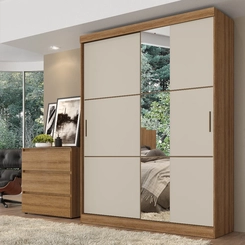 Guarda-Roupa 2 Portas de Correr 2 Gavetas THB Comfort Glass 5835 Capuccino/Azul/Off White SE
