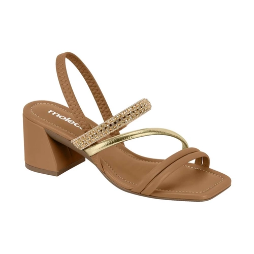 Sandália Feminina Salto Tiras Douradas Moleca 5588-103 Marrom Camel
