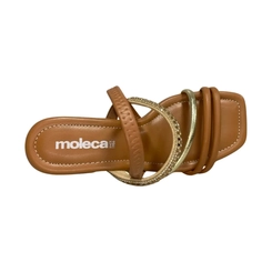 Sandália Feminina Salto Tiras Douradas Moleca 5588-103 Marrom Camel
