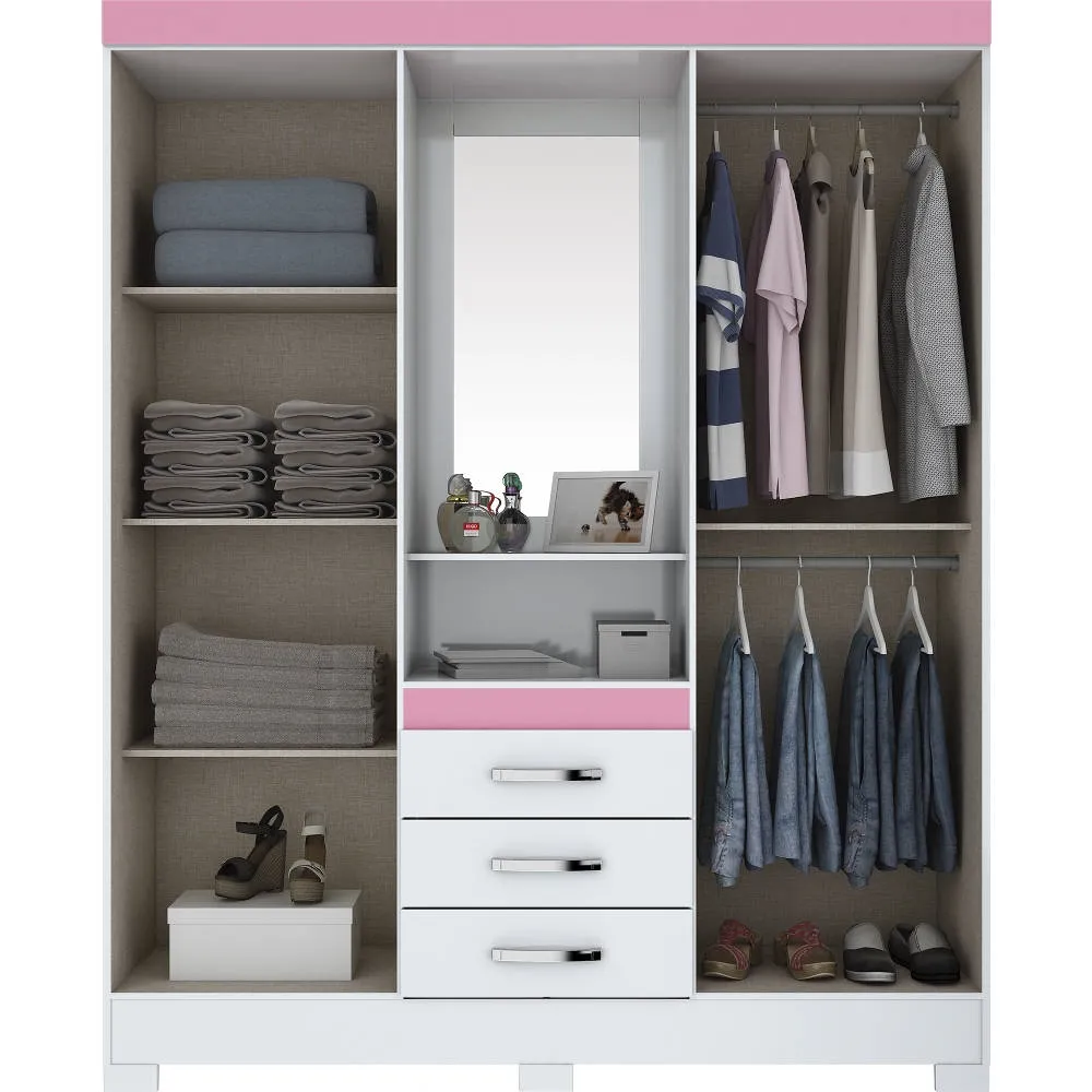 Guarda Roupa 4 Portas Henn Briz B24-66 com 3 Gavetas Branco Rosa Cha SE