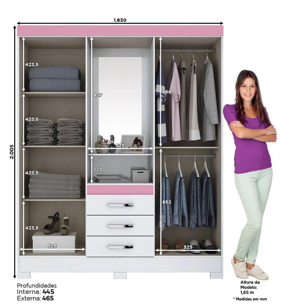 Guarda Roupa 4 Portas Henn Briz B24-66 com 3 Gavetas Branco Rosa Cha SE