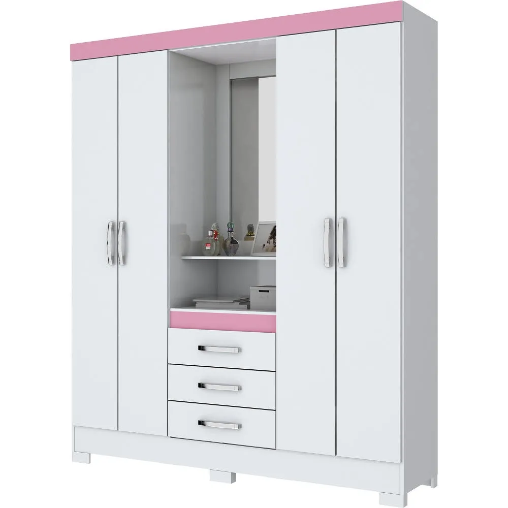 Guarda Roupa 4 Portas Henn Briz B24-66 com 3 Gavetas Branco Rosa Cha SE