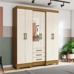 Guarda-Roupa 6 Portas Henn Briz B23 com Espelho e 3 Gavetas Nature/Off White