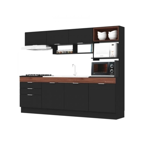 Cozinha Compacta Primavera Bella 6 Portas 3 Gavetas CS863 Ônix/Noce