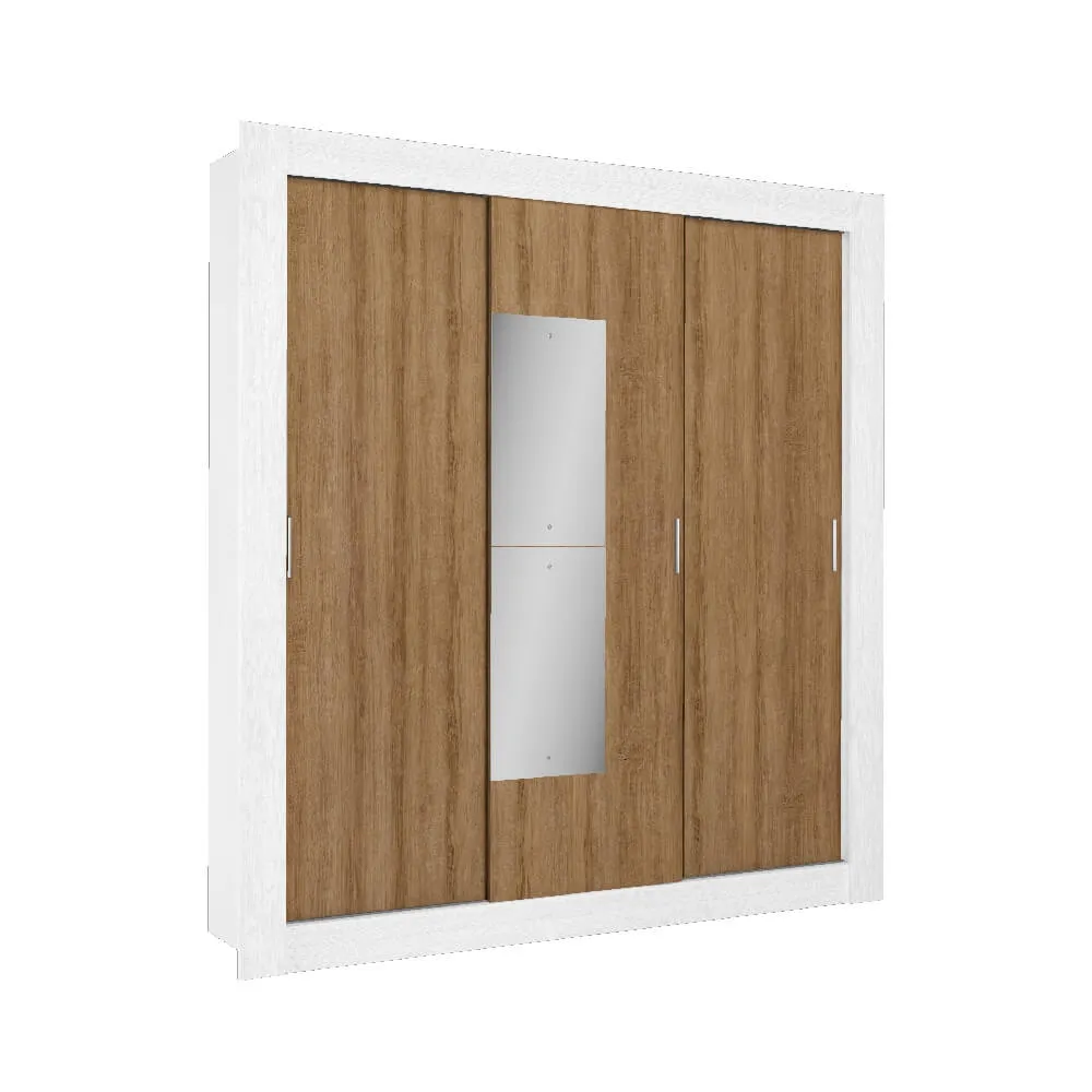 Guarda Roupa 3 Portas de Correr THB Omega 5573 com Espelho e 2 Gavetas Branco Sensitive/Almendra SE