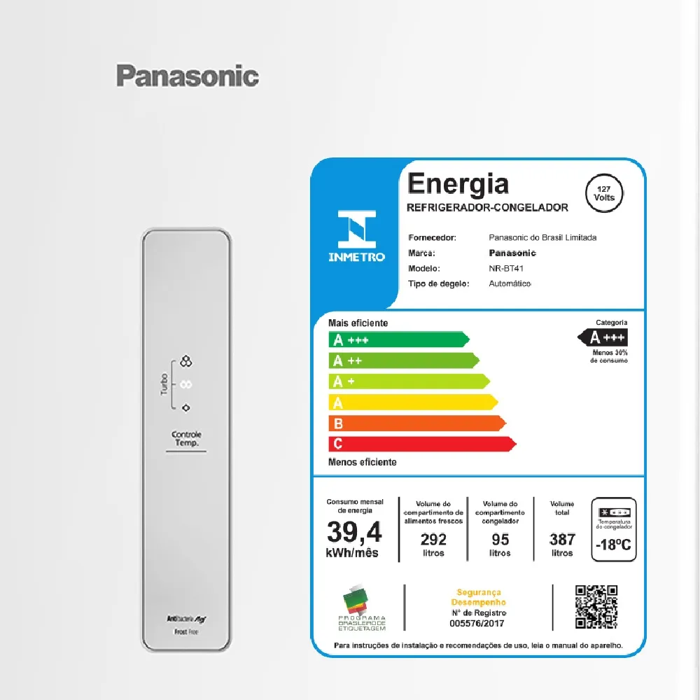 Geladeira Panasonic Frost Free 387L A+++ Econômica Painel Eletrônico BT41 Branco