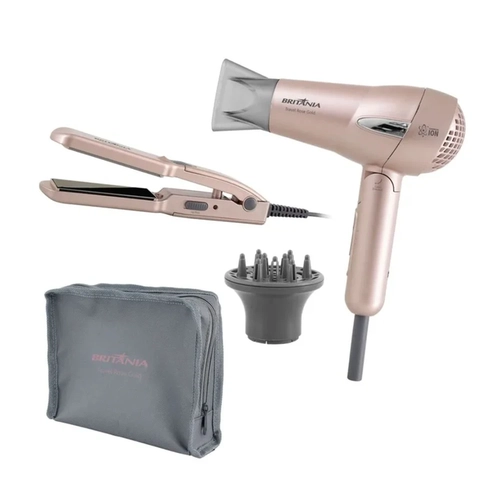 Kit Secador 1.200W e Chapinha até 230ºC Britânia Travel Rose Gold Bivolt