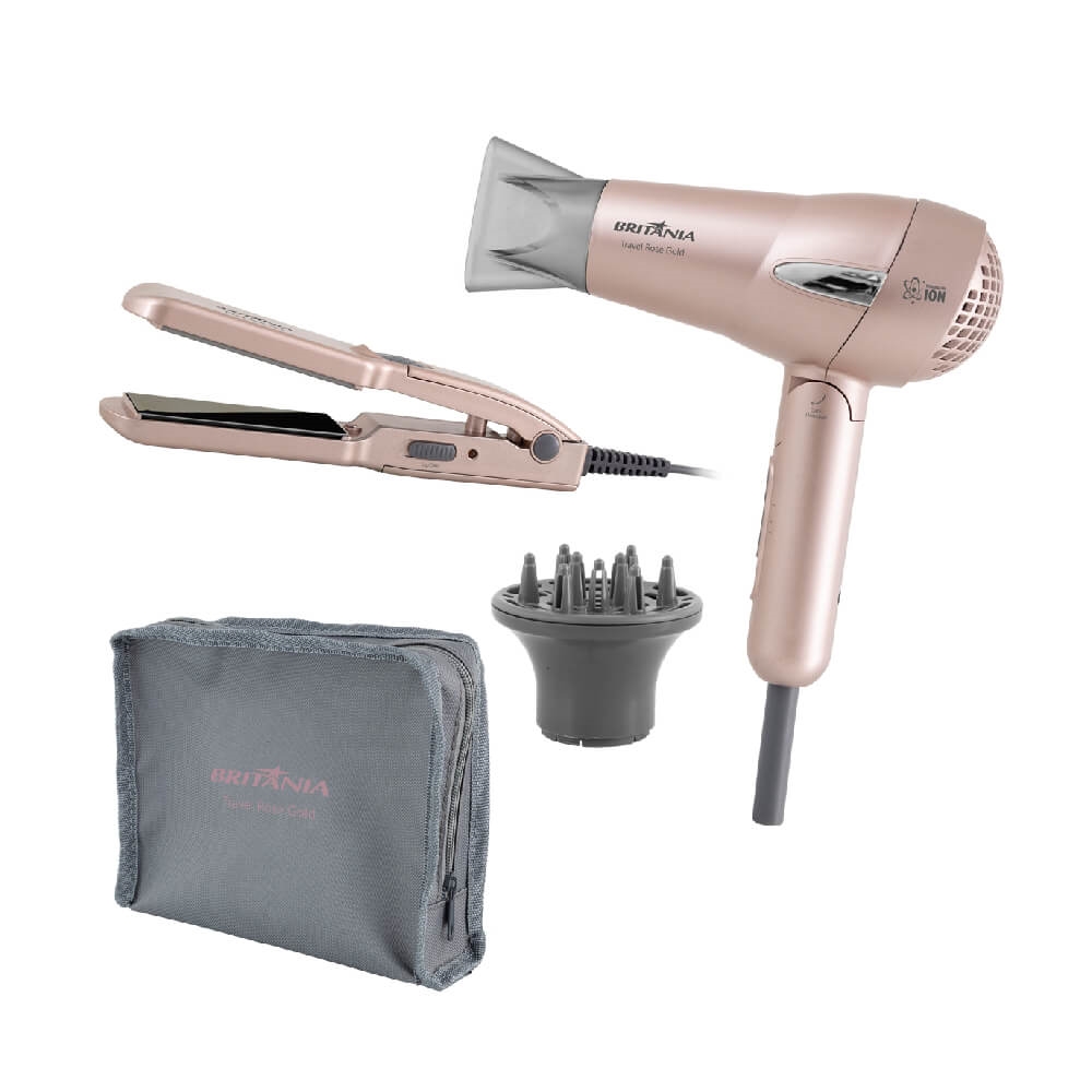 Kit Secador e Chapinha Britânia Travel Rose Gold Bivolt