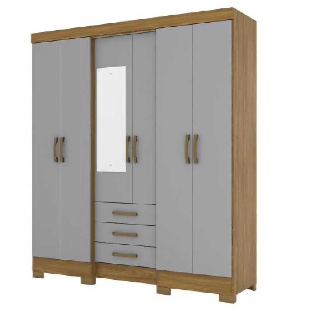 Guarda Roupa 6 Portas Henn Briz B23-166 com Espelho e 3 Gavetas Nature/Cinza SE