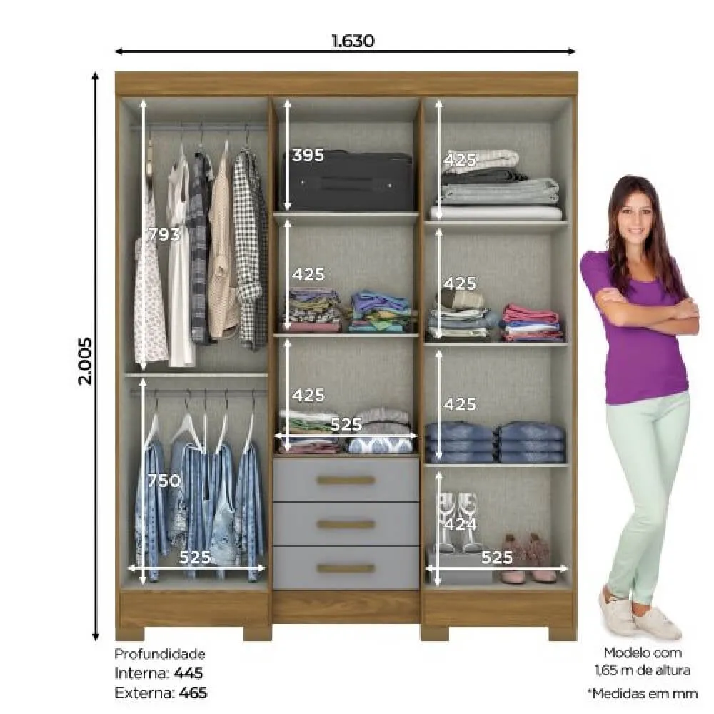 Guarda Roupa 6 Portas Henn Briz B23-166 com Espelho e 3 Gavetas Nature/Cinza SE