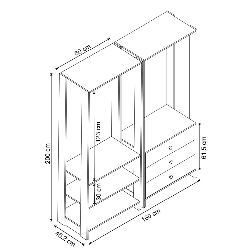 Guarda Roupa Nova Mobile EY101-102.038 Closet Aberto com 3 Gavetas Branco SE