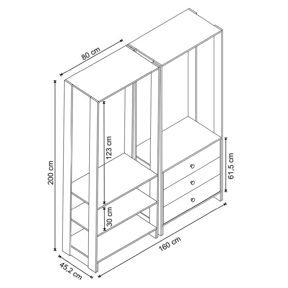 Guarda Roupa Nova Mobile EY101-102.057 Closet Aberto com 3 Gavetas Montana SE