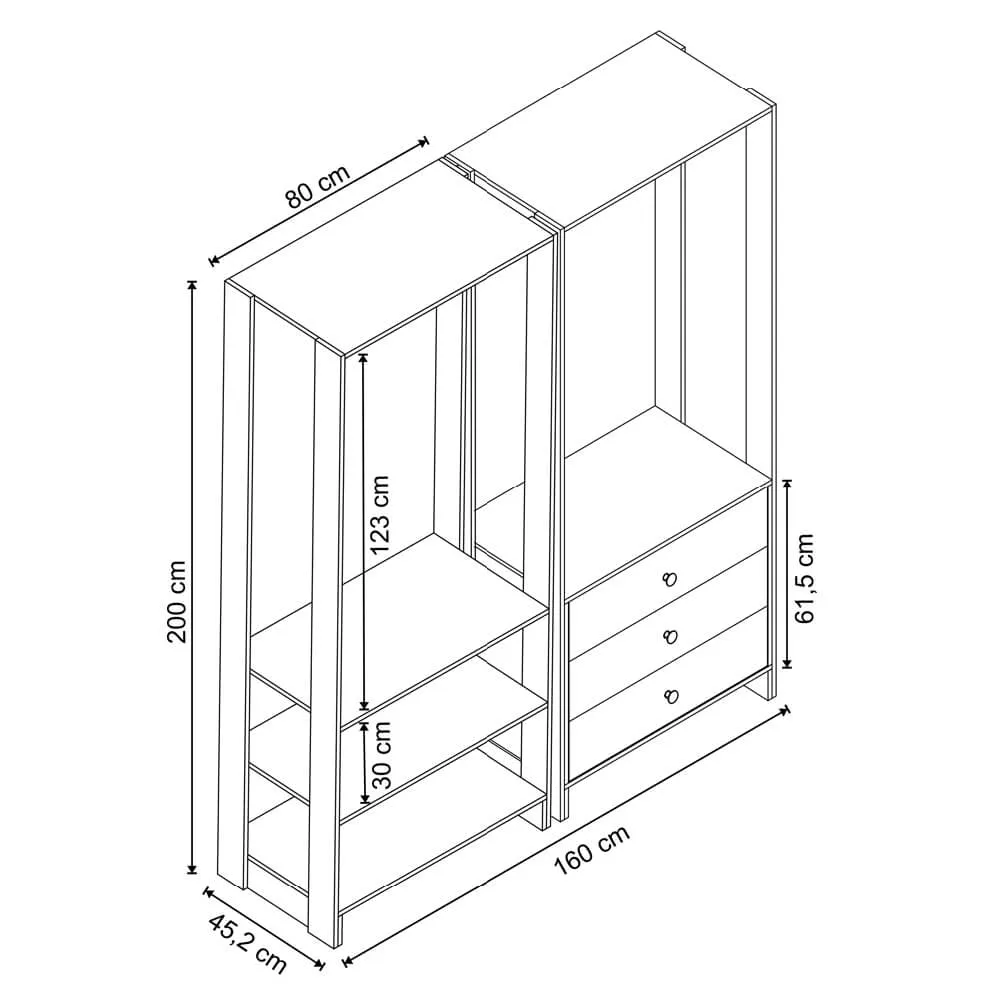 Guarda Roupa Nova Mobile EY101-102.058 Closet Aberto com 3 Gavetas Grafite intenso SE