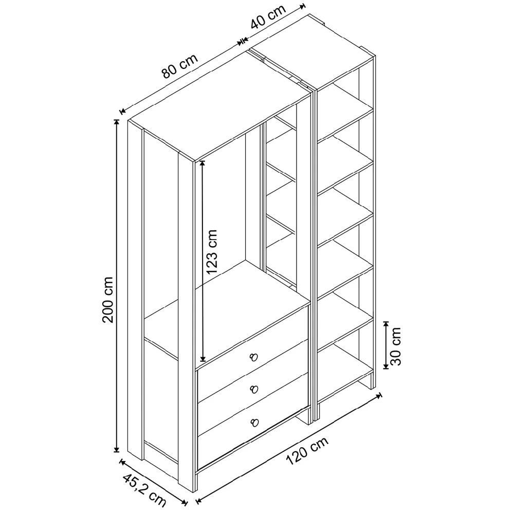 Guarda Roupa Nova Mobile EY101-104.038 Closet Aberto com 3 Gavetas Branco SE