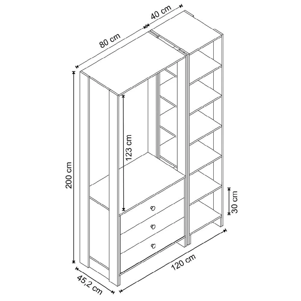 Guarda Roupa Nova Mobile EY101-104.057 Closet Aberto com 3 Gavetas Montana SE